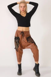 Yüksek Bel Pul ve File Detaylı Deri Şalvar Pantolon - 8