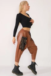 Yüksek Bel Pul ve File Detaylı Deri Şalvar Pantolon - 9