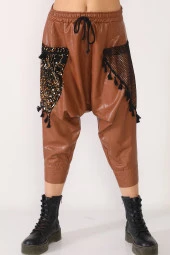 Yüksek Bel Pul ve File Detaylı Deri Şalvar Pantolon - 10