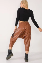Yüksek Bel Pul ve File Detaylı Deri Şalvar Pantolon - 12
