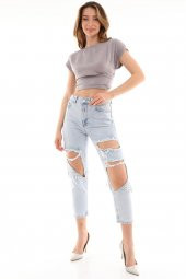 Metal Zımba Detaylı Yırtık Mom Jeans Kot Pantolon - 2