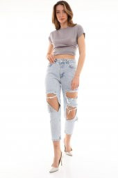 Metal Zımba Detaylı Yırtık Mom Jeans Kot Pantolon - 3