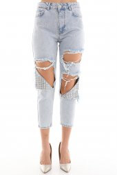 Metal Zımba Detaylı Yırtık Mom Jeans Kot Pantolon - 5