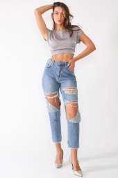 Metal Zımba Detaylı Yırtık Mom Jeans Kot Pantolon - 7
