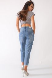 Metal Zımba Detaylı Yırtık Mom Jeans Kot Pantolon - 12