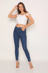 Yüksek Bel Yanları Taşlı Kot Pantolon thumbnail 3