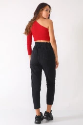 Yüksek Bel Düğmeli Beli Lastikli Kot Pantolon - 6