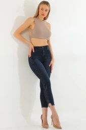 Yüksek Bel Likralı Yanları Akan Pullu Kot Pantolon - 2