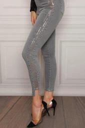 Yüksek Bel Likralı Yanları Akan Pullu Kot Pantolon - 3