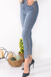 Yüksek Bel Likralı Yanları Akan Pullu Kot Pantolon - 8