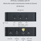 T6 Bluetooth 50 Bilgisayar TV Verici Fiber Koaksiyel AUX Çok Fonksiyonlu TF Kart Destekli HiFi Bluetooth Ses Verici - 4