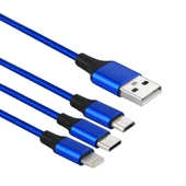 2A 1.2 Metre 3 in 1 USB 8 Pin USB-C ve Micro USB Naylon Örgü Şarj Kablosu Mavi - 2