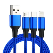 2A 1.2 Metre 3 in 1 USB 8 Pin USB-C ve Micro USB Naylon Örgü Şarj Kablosu Mavi - 1