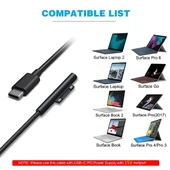 Microsoft Surface Pro 7 6 5 4 3 ve Surface Go Uyumlu USB C Tip C Erkek Güç Adaptörü Şarj Kablosu Siyah 1.5 Metre - 5