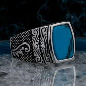 Mavi Turkuaz Taşlı Desenli 925 Ayar Gümüş Erkek Yüzük thumbnail 1