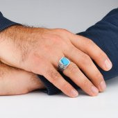 Mavi Turkuaz Taşlı Desenli 925 Ayar Gümüş Erkek Yüzük thumbnail 2