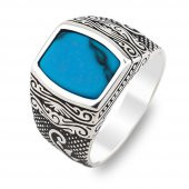 Mavi Turkuaz Taşlı Desenli 925 Ayar Gümüş Erkek Yüzük thumbnail 3