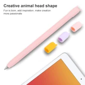 Apple Pencil 1 Uyumlu Mor Silikon Koruyucu Kılıf 4 in 1 Karikatür Hayvan Desenli - 4