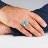 Mavi Turkuaz Taşlı Desenli Düz Parlak Gümüş Erkek Yüzük thumbnail 2