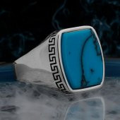 Mavi Turkuaz Taşlı Desenli Düz Parlak Gümüş Erkek Yüzük thumbnail 1