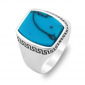Mavi Turkuaz Taşlı Desenli Düz Parlak Gümüş Erkek Yüzük thumbnail 3