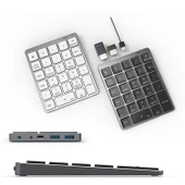 N970 Pro Çift Modlu Alüminyum Şarjlı Kablosuz Bluetooth Sayısal Klavye USB HUB Gri - 2
