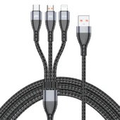 ADC-138 66W 3 in 1 USB 8 Pin Micro USB USB-C Hızlı Şarj Örgülü Data Kablosu 1.2m Gri - 1