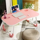 Katlanabilir Kaymaz Laptop Masası Standı Kart ve Bardak Yuvalı Pembe - 2