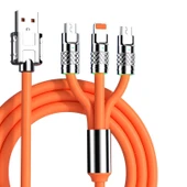 Mech Serisi 6A 120W 3 in 1 Metal Uçlu Silikon Hızlı Şarj Data Kablosu 1.2m Turuncu - 1