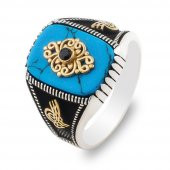 Osmanlı Tuğra Tasarımlı İşlemeli Mavi Turkuaz Taşlı 925 Ayar Gümüş Erkek Yüzük thumbnail 3