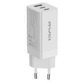 Awei PD9 65W Hızlı Şarj Seyahat Adaptörü Çift Type-C USB-C ve USB Beyaz EU Fiş - 1