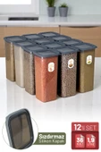 İronika 12'li Sızdırmaz Silikon Kapaklı Etiketli Jumbo Boy 1900 ml Kare Erzak Bakliyat Saklama Kabı Antrasit - 1