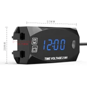 Motosiklet Çok Fonksiyonlu 2'si 1 Arada Dijital Voltmetre ve Elektronik Saat Mavi Işık 6-30V IP67 - 2