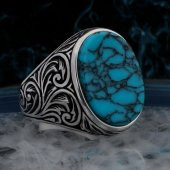 Oval Mavi Turkuaz Taşlı Desenli 925 Ayar Gümüş Erkek Yüzük thumbnail 1