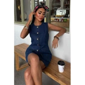 Kolsuz Yelekli Mini Etekli Denim Takım - 4