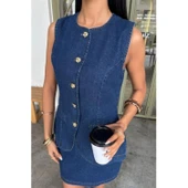 Kolsuz Yelekli Mini Etekli Denim Takım - 8