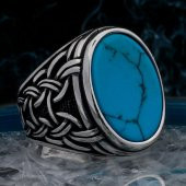 Mavi Turkuaz Taşlı Örgü Desenli 925 Ayar Gümüş Erkek Yüzük thumbnail 1