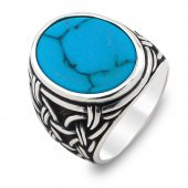 Mavi Turkuaz Taşlı Örgü Desenli 925 Ayar Gümüş Erkek Yüzük thumbnail 3