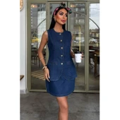 Kolsuz Yelekli Mini Etekli Denim Takım - 2