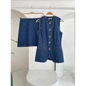 Kolsuz Yelekli Mini Etekli Denim Takım - 10