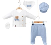 %100 Natural Pamuk Ayıcık Nakışlı 5’li Erkek Bebek Zıbın Takımı 1-3 Ay Yumuşak & Hediyelik Set - 2