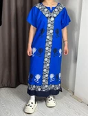 Uzun Yazlık Elbise Rahat Kalıp Nefes Alan Kumaş Mavi Renk thumbnail 2