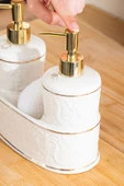 Porsima 3116 Gold Kapaklı Porselen Süngerli 2li Sıvı Sabunluk Beyaz 350+350 Ml Altın - Beyaz - 3