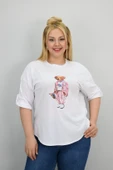 Kadın Büyük Beden Kısa Kollu Taş Detaylı Ayı Baskılı Oversize T-shirt 1926-25 - 10