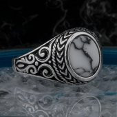 Yuvarlak Beyaz Firuze Taşlı 925 Ayar Gümüş Erkek Yüzük thumbnail 1