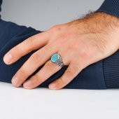 Yuvarlak Mavi Turkuaz Taşlı 925 Ayar Gümüş Erkek Yüzük thumbnail 2