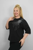Kadın Büyük Beden Kısa Kollu Taş ve İnci Baskı Detaylı Oversize T-shirt 1925-25 - 4