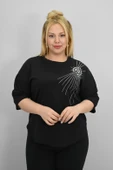 Kadın Büyük Beden Kısa Kollu Taş ve İnci Baskı Detaylı Oversize T-shirt 1925-25 - 5