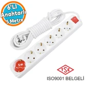 Topraklı Grup Priz Uzatma Kablosu 5 metre 6'lı Ara Kablo ANAHTARLI - 1