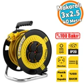 Kapaklı Plastik Makaralı Seyyar %100 Bakır Kablo 4 Prizli 40 Metre Uzatma Kablosu 3x2.5 mm H05VV-F - 1